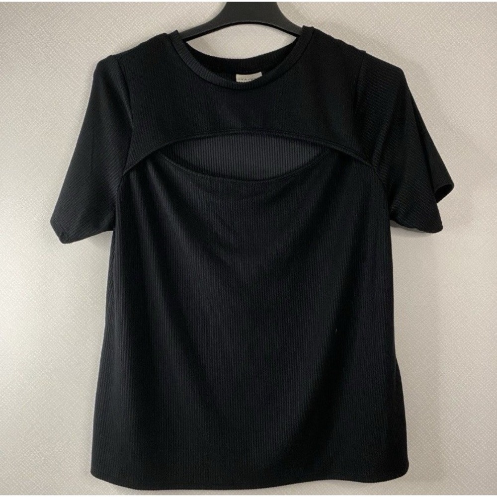 Ava & Viv Cutout Top Womens 1X Black Ribbed Short Sleeve Plus Sz Stretch Blouse